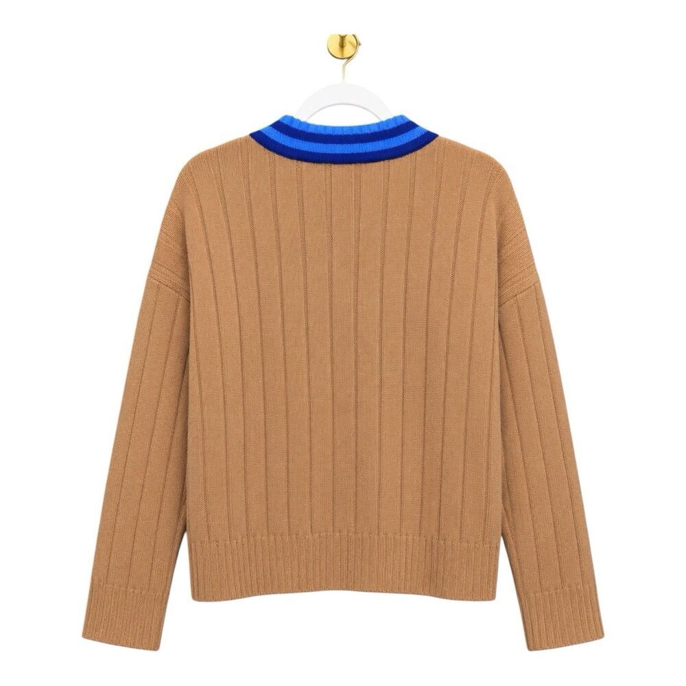 Madewell Varsity V Neck Ribbed Wool Blend Sweater Camel Blue Women M FA23 - Picture 6 of 8